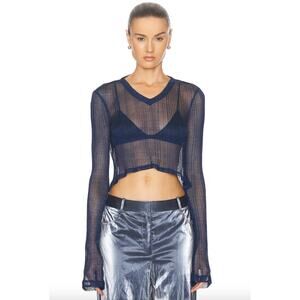 PRISCAVera | NWT Metallic V-Neck Cropped Top in Midnight Blue M